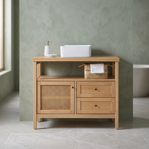 Meuble de salle de bain en teck massif avec porte en rotin et 2 tiroirs, console de salle de bain - Product Image 2