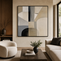 Peinture à l'huile abstraite géométrique neutre vintage, beige et noir, minimaliste, sur toile, pour la décoration de hôtel, villa, hall d'entrée, bureau