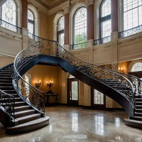 Escalier à double courbe avec balustrade en fer forgé, marches en bois, provenant d'un fournisseur de Foshan