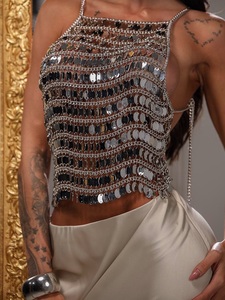 Top Estivo con Paillettes MetalTop per Festival, Canotta da Donna con Catena sul Corpo, Reggiseno Luccicante per <span class=keywords><strong>Clubwear</strong></span> - Product Image 3