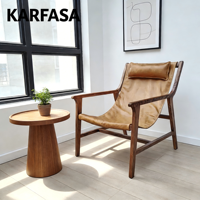 Fauteuil de détente moderne confortable en cuir véritable et cadre en bois massif pour la maison, le salon et les hôtels