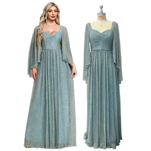 奢华晚礼服闪亮披肩袖带无背v领衬里褶饰生日礼服女性舞会礼服 - Product Image 1