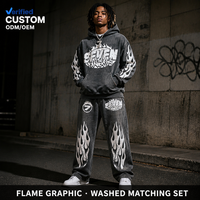 Ensemble assorti sweat à capuche oversize et pantalon de survêtement gris anthracite délavé avec imprimé flamme pour homme, style Hip Hop