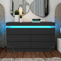Commode minimaliste à 6 tiroirs avec prise de courant et lumière LED, noir, rangement pour chambre à coucher, pour salon