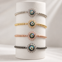 Schillerndes Evil-Eye-Armband-Set in Silber, Gold, Roségold und Gunmetal mit Kugelkette, Abalone-Muschel-Anhänger und Baguette-Halo für Damen
