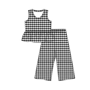 GSSO2309 Ensemble sans manches personnalisé pour petite fille active, imprimé à carreaux jaunes, vente en gros pour enfants - Product Image 4