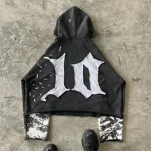 Custom Streetwear French Terry Heavyweight Screen Print Boxy Cropped Acid Wash Applique Distressed Embroidered Patch Hoodie