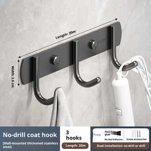 Đen thép không gỉ dày hàng móc phòng tắm móc áo không đục lỗ nhà bếp đa chức năng lưu trữ giá treo tường móc - Product Image 3