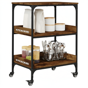 Smoked Oak <b>Kitchen</b> Trolley 23.6x16.1x31.7 In With Wheels 2 <b>Shelves</b> Modern Design - Product Image 1