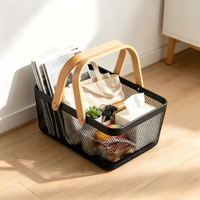 Panier en métal avec poignée en bois, panier en maille métallique, panier de rangement, panier à fruits avec poignée