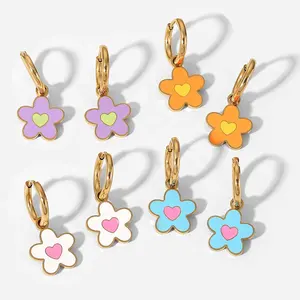 New summer design Heart Flower Pendant Earrings 18k Gold plated Korean style stainless steel earrings cartoon for women