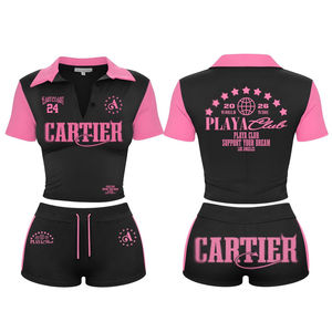 Conjunto de Top Corto Tipo Polo con Cierre Frontal y Pantalones Cortos para Mujer, Atuendo Casual de Dos Piezas, Logotipo Personalizado, Ropa de Verano, Conjunto de Top Corto con Cuello Polo para Mujer - Product Image 2
