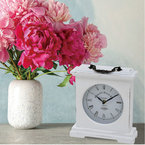 Vintage Style <strong>White</strong> Distressed Finish Wood <strong>Mantel</strong> <strong>Clock</strong> with Roman Numerals Quartz Movement - Product Image 2