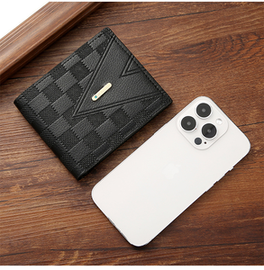 Người đàn ông cổ điển của thiết kế PU da kẻ sọc Bifold Ví mở đóng cửa Polyester Lót Tiền Thẻ tín dụng đồng xu ví túi chủ - Product Image 3