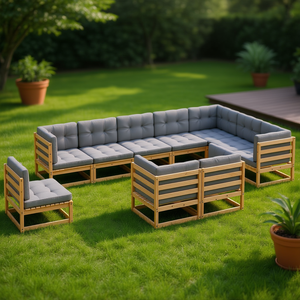 Ensemble de salon d'extérieur en pin naturel, mobilier de jardin, 10 places, design moderne, structure en bois massif - Product Image 2