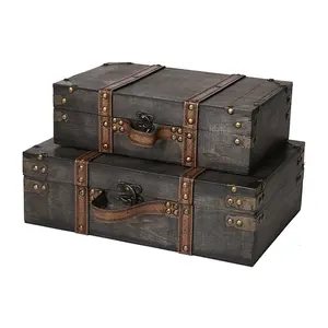 Home decor rustic antique large rectangle wood trunk set of 2 wooden boxes luxury
