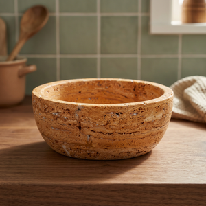 Bol en pierre de travertin naturel fait à la main, rond, décoratif, beige neutre, pour la cuisine, la décoration du salon - Product Image 2