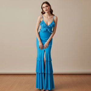 <span class=keywords><strong>Robe</strong></span> maxi à volants à plusieurs niveaux bleu clair personnalisée pour femmes Robes fendues Femmes - Product Image 1