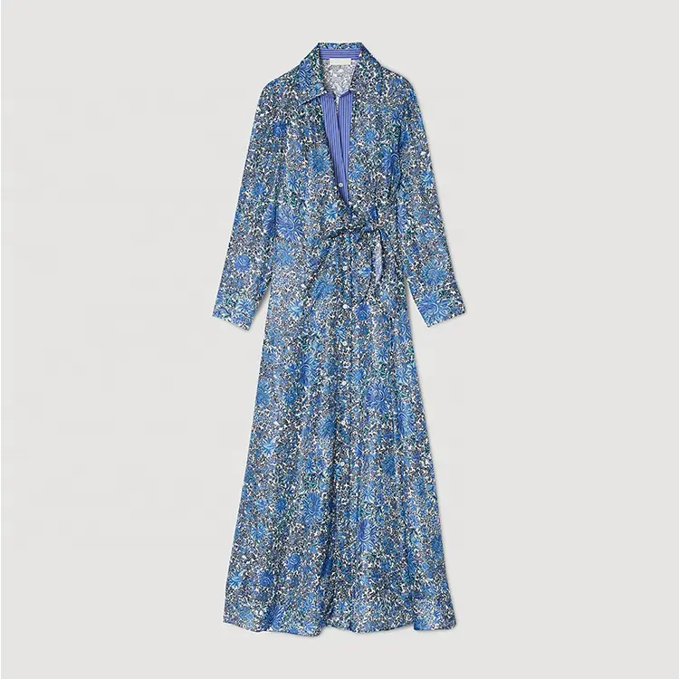 Clothing manufacturer custom spring autumn blue polo neck long sleeve women Floral Print Midi Shirt Dress