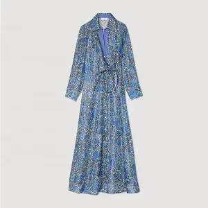 Clothing Manufacturer Custom Spring Autumn Blue Polo Neck Long Sleeve Women Floral Print Midi Shirt Dress