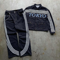 Ensemble veste et jean streetwear respirant pour homme, automne, logo brodé sur le devant, coton épais, coupe ample