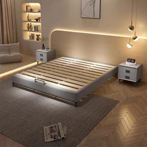 Lit plateforme moderne minimaliste en cuir et bois massif, taille double 1,8 m, style tatami bas avec rangement, pour petits appartements, sans tête de lit - Product Image 3