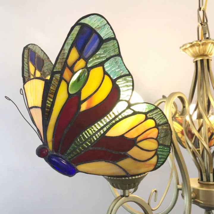 Rural Tiffany Chandelier Countryside Butterfly Pendant Lighting Stained Glass Yellow Butterfly Hotel Bar Pendant Lamp
