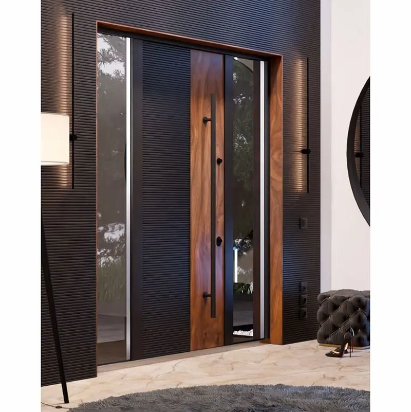 Residential European Exterior External Black Metal Aluminium Security Double Entry Entrance French Door With Glass Sidelight