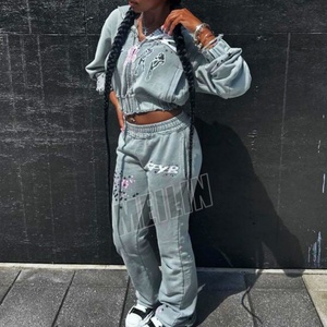 Wholesale Custom Women Distressed Screen Print Tracksuit High Quality Wash Sun Faded <b>Cropped</b> <b>Zip</b> <b>up</b> Hoodies Set Women Sweatsuits - Product Image 3