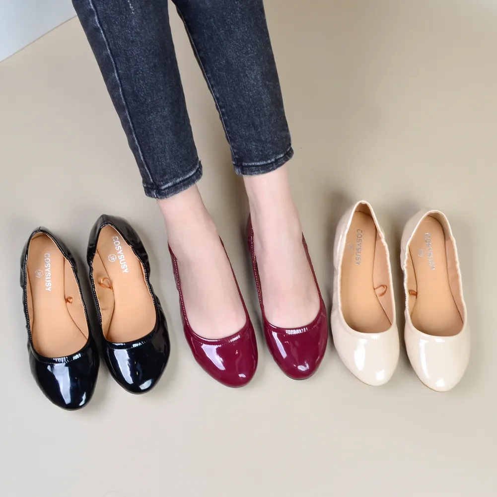Stock High Quality Shiny PU Luxury memory foam insole ladies shoes slip on ballet casual women flat shoes