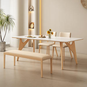 Table à manger en bois massif couleur crème avec 4 chaises, ensemble de salle à manger rectangulaire moderne minimaliste nordique - Product Image 4