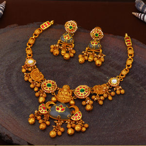 Traditional 22k Gold <b>Necklace</b> Set with Red Green White Stones Ethnic <b>Statement</b> Jewelry for Women Wedding Occasion - Product Image 1