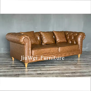 طقم أريكة فاخر بتصميم عصري على طراز تشيسترفيلد من الجلد الأصلي لغرفة المعيشة، مع حشوة إسفنجية متينة وظهر مغطى بالقماش - Product Image 4