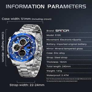 Reloj de Pulsera SANDA 5105 para Hombre con Correa de Acero, Esfera Grande, Multifuncional, Deportivo y Ejecutivo, Digital, con Tres Zonas Horarias y Alarma - Product Image 5