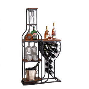 Estante para Vinos de Madera Maciza de 5 Niveles con Capacidad para 11 Botellas, Porta Copas, Acabado Marrón Rústico, Marco Metálico, Diseño que Ahorra Espacio - Product Image 5