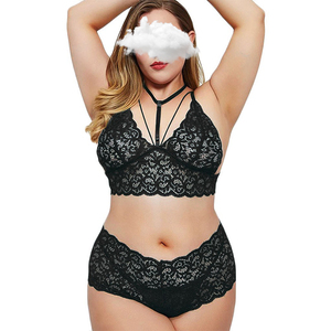 Conjunto <span class=keywords><strong>de</strong></span> Lencería Sexy con Cordones, Talla Grande, Escote en V, Cintura Alta, Encaje Floral Cruzado, <span class=keywords><strong>para</strong></span> Mujeres Curvilíneas - Product Image 3