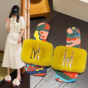 2026 Fairy Style Furry <b>Slippers</b>, Women Square Toe Open-Toe Flat Mules, Simple One-Strap Plus Size Outdoor Slides - Product Image 3