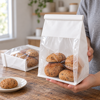Sac à pain blanc en PE à fond plat avec grande fenêtre transparente et fermeture à enroulement pour biscuits, pâtisseries, produits de boulangerie, plats à emporter, pochette autoportante