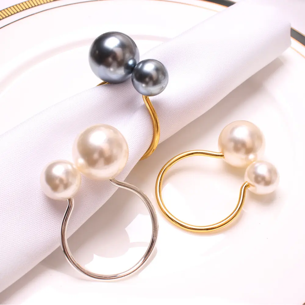 ผ้าเช็ดปากสีทองหรูหราสำหรับงานแต่งงาน,ที่ใส่ของตกแต่งของขวัญแหวนผ้าเช็ดปากไข่มุกโลหะสำหรับเจ้าสาวงานเลี้ยง