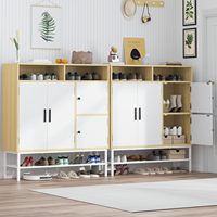 Meuble à chaussures moderne blanc et chêne à 4 portes avec étagères réglables, organisateur d'entrée de 109 cm de haut avec base en maille métallique pour couloir.