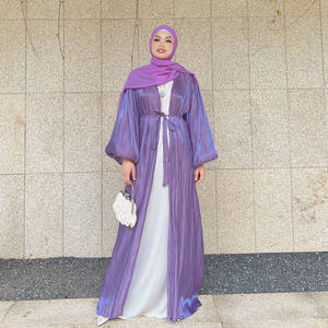 Loriya femmes à la mode avant ouvert Abaya modeste robe longue avec maille brillante Polyester manches régulières solide islamique a-ligne - Product Image 4