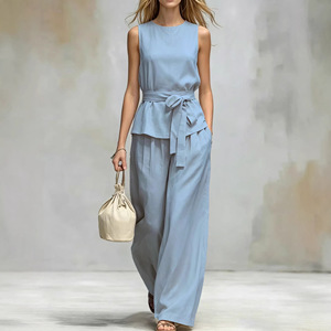 Conjunto de 2 Piezas para Mujer, Top sin Mangas con Cinturón y Pantalones Anchos de Cintura Alta, Elegante y Neutral, Ideal para la Oficina y <span class=keywords><strong>el</strong></span> Viernes Informal - Product Image 3