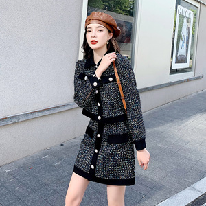 2023 Set mezza gonna corta stile <span class=keywords><strong>Tweed</strong></span> Vintage da donna nuovo completo in due pezzi dimagrante autunno/inverno con collo alto al ginocchio - Product Image 2