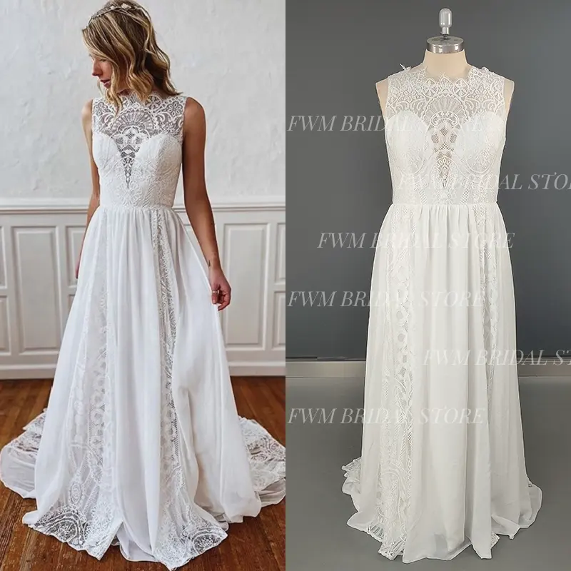 Elegant Lace Sleeveless Appliques Soft Chiffon Wedding Gown Birthday Engagement Dress For Plus Size Women Prom Evening Dresses