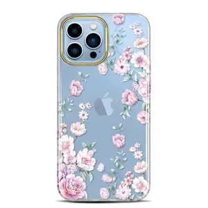Funda de teléfono con diseño Floral para iphone, carcasa dura con diseño Floral de flores rosas y purpurina para iphone 13 14 Pro Max