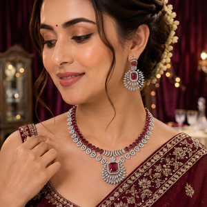 High-End American Diamond CZ Bridal Jewelry Set Emerald Cut <b>Ruby</b> Red Crystal Centerpiece Collar <b>Necklace</b> Set for Party Wear - Product Image 2