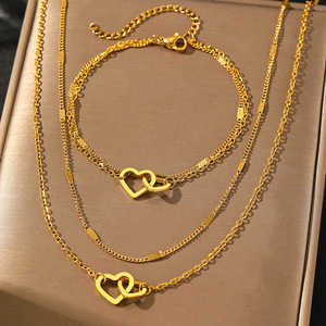 Set Collana e Bracciale a Doppio Strato a Forma di Cuore in Acciaio Inossidabile Placcato Oro con Motivo <span class=keywords><strong>XOXO</strong></span> per Feste o Regalo di San Valentino - Product Image 6