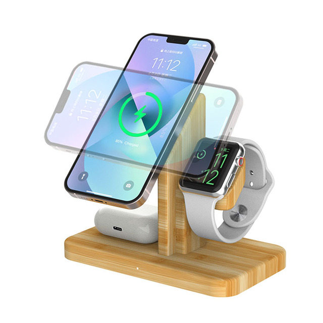 3-in-1 Bamboo Wireless Charging Station Universal Fast QC3.0 15W Compact Magnetic Wireless Charger for Phone Watch Earbuds