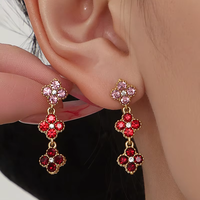 Set Perhiasan Grosir Anting Panjang Model Bunga Keberuntungan Lapis Emas Baja Anti Karat, Anting Hidung India, Kalung, Gelang, dan Cincin