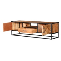 Meuble TV en bois de manguier massif fait main, structure en métal, motif chevrons |   Meuble TV industriel moderne pour salon et hôtel AKKU ART
